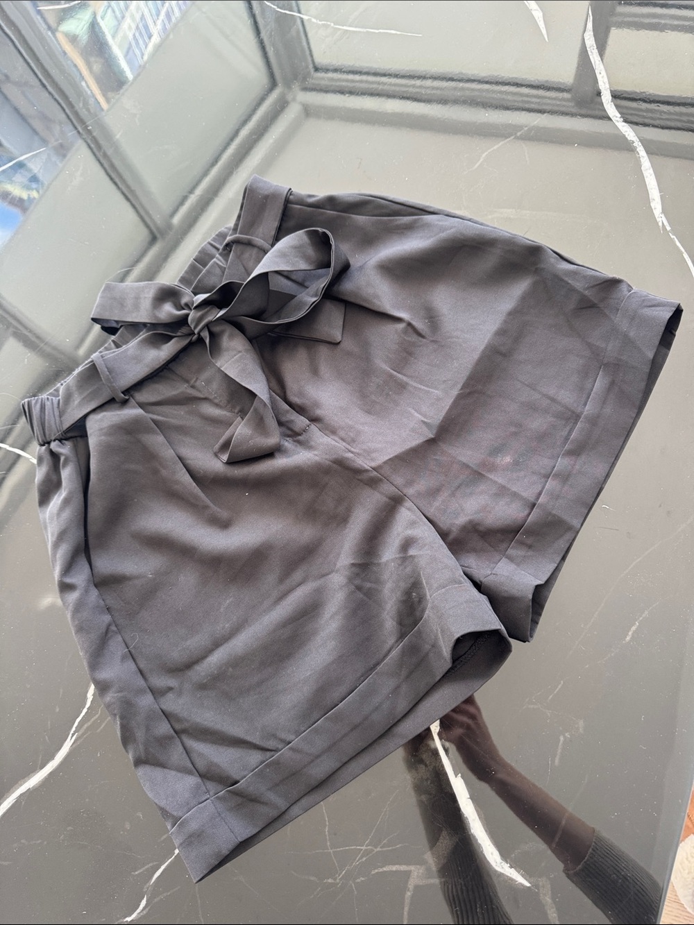 High-Waist Tie-Belt Women's Shorts in Charcoal Black